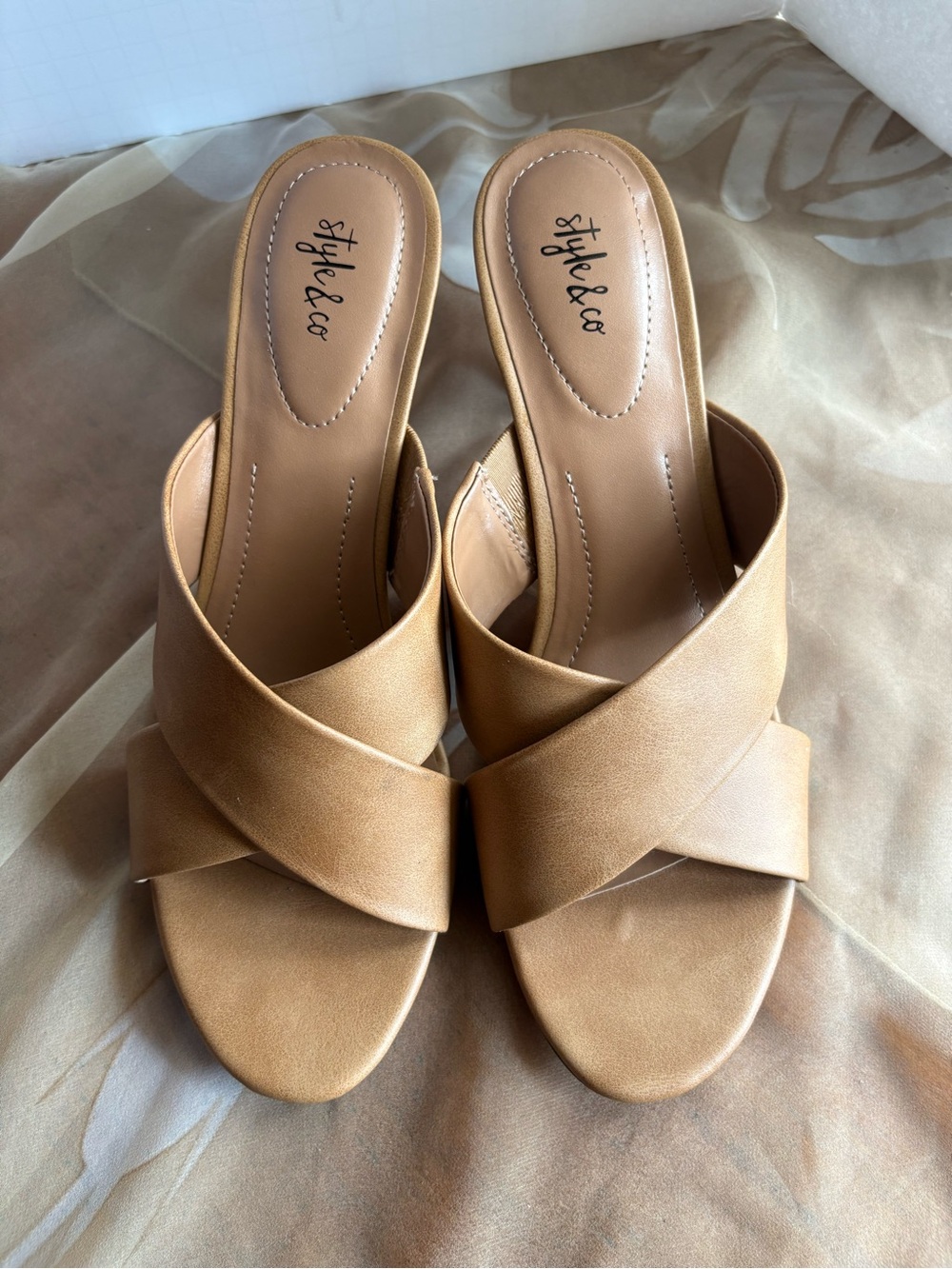 Style & Co. Tan Crisscross Mule Slides
